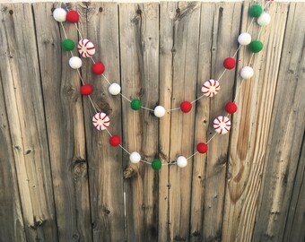 PEPPERMINT + GREEN, Christmas, Birthday Felt Ball Garland, Pom Pom Garland, Nursery Decor, Bunting Banner, Party Decor, Baby Showe