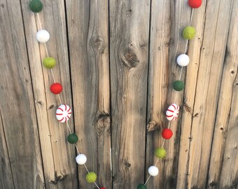 PEPPERMINT + 2 GREEN, Christmas, Birthday Felt Ball Garland, Pom Pom Garland, Nursery Decor, Bunting Banner, Party Decor, Baby Showe