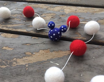 Mickey Mouse, Disney, Birthday Felt Ball Garland, Pom Pom Garland, Nursery Decor, Bunting Banner, Party Decor, Baby Shower, America