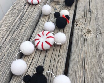Mickey and Minnie white peppermint, Christmas, Birthday Felt Ball Garland, Pom Pom Garland, Nursery Decor, Bunting Banner, Party Decor
