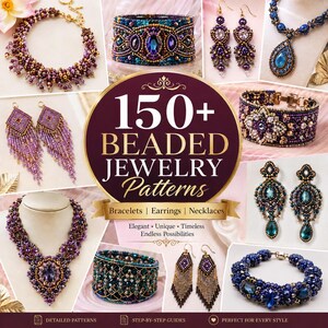 May include: A collection of beaded jewelry patterns featuring 150+ designs including bracelets, earrings, and necklaces. The image displays various intricate beadwork styles in shades of blue, purple, and gold, with text reading 150+ BEADED JEWELRY Patterns.