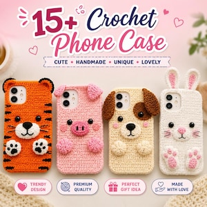 Può includere: Quattro custodie per telefono all'uncinetto con disegni di animali: una tigre arancione con strisce nere, un maiale rosa, un cane beige con orecchie marroni e un coniglio bianco con orecchie lunghe. Ogni custodia ha un foro per la fotocamera.