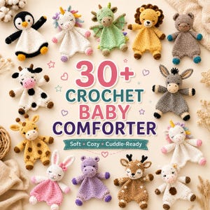 Peut inclure: Une collection de douze doudous au crochet représentant un pingouin, une licorne, un dragon, un lion, un ours, une vache, une girafe, un âne, un lapin, un hippopotame, un cerf et une autre vache, entourant le texte 30+ CROCHET BABY COMFORTER.