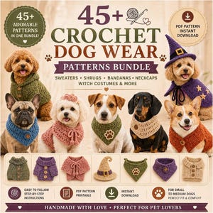 Op de afbeelding: Een digitale flyer voor een bundel met 45+ haakpatronen voor hondenkleding, met honden in truien, bandana's en een heksenhoed. De tekst bevat 45+ Crochet Dog Wear Patterns Bundle, Sweaters, Shrugs, Bandanas, Neckcaps, Witch Costumes & More.