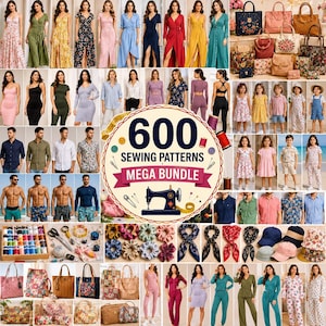 Könnte beinhalten: Eine digitale Sammlung von 600 Schnittmustern mit dem Titel 600 SEWING PATTERNS MEGA BUNDLE, mit einer zentralen Nähmaschinenillustration, umgeben von verschiedenen Kleidungsstücken, Taschen, Accessoires und Garnrollen im Raster.
