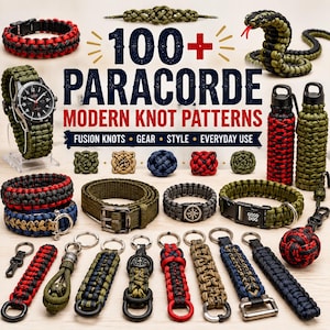 Op de afbeelding: Een verzameling paracord-artikelen waaronder armbanden, sleutelhangers, een horlogeband, een riem en een slangenfiguur, weergegeven met de tekst 100+ PARACORDE MODERN KNOT PATTERNS FUSION KNOTS GEAR STYLE EVERYDAY USE en diverse kleine knoopvoorbeelden.