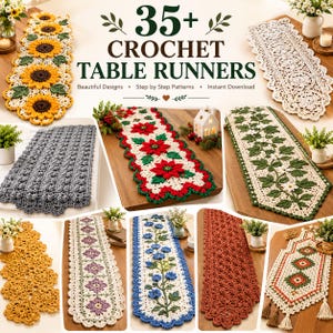 Puede incluir: Una colección de caminos de mesa de ganchillo con varios diseños que incluyen girasoles, flores de pascua, enredaderas florales y patrones geométricos en amarillo, rojo, verde, azul y blanco, con el texto 35+ CROCHET TABLE RUNNERS.