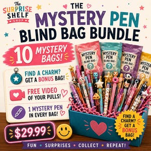 May include: A Mystery Pen Blind Bag Bundle featuring 10 mystery bags and a collection of colorful pens with various decorative toppers like stars, animals, and food items. The set includes a blue box with pink paper filler and promotional text.