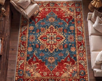 Blue Medallion Rug, Rust Red Vintage Carpet, Fringed Boho Mat, Classic Floor Decor, Antique Area Room Accents