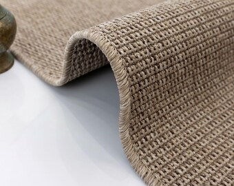 Beige Faux Sisal Rug, Mini Basketweave Mat, Heathered Woven Carpet, Coastal Floor Decor, Minimalist Accent