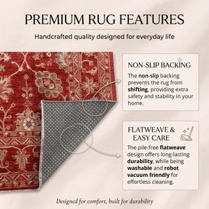 May include: A red rug with a floral pattern and a gray non-slip backing. Text includes: PREMIUM RUG FEATURES, Handcrafted quality designed for everyday life, NON-SLIP BACKING, FLATWEAVE & EASY CARE, Designed for comfort, built for durability.