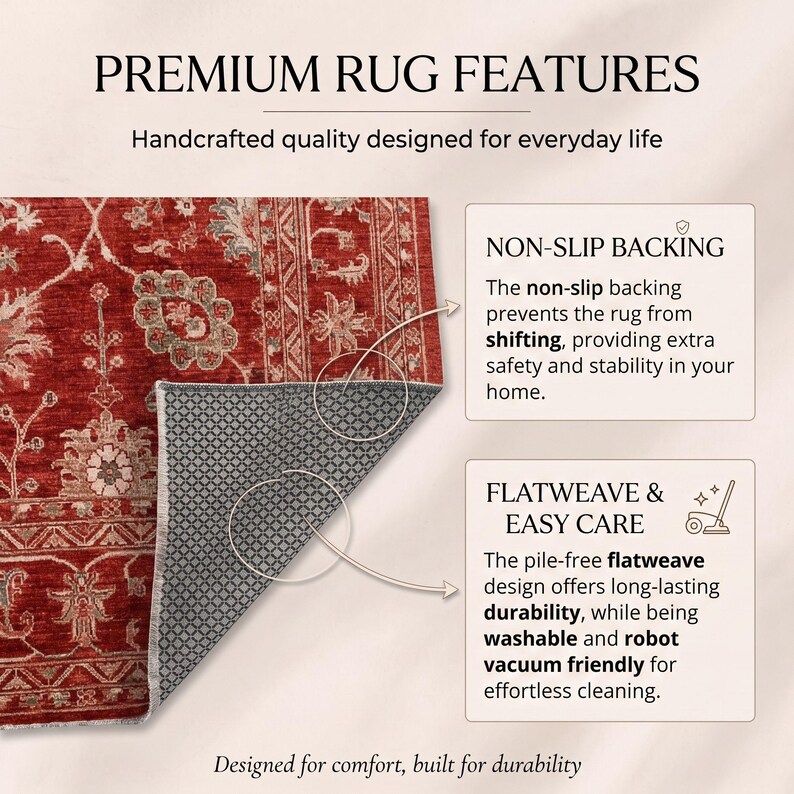 May include: A red rug with a floral pattern and a gray non-slip backing. Text includes: PREMIUM RUG FEATURES, Handcrafted quality designed for everyday life, NON-SLIP BACKING, FLATWEAVE & EASY CARE, Designed for comfort, built for durability.