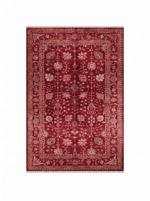 Deep Red Turkish Rug, Floral Oushak Carpet, Vintage Fringed Mat, Classic Room Decor, Antique Floor Accents