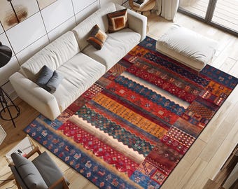 May include: A rectangular area rug featuring horizontal bands of red, blue, yellow, and cream colors. The rug displays intricate geometric patterns, small animal motifs, and repeating floral shapes across its surface, creating a multi-colored, textured appearance that covers the floor space.