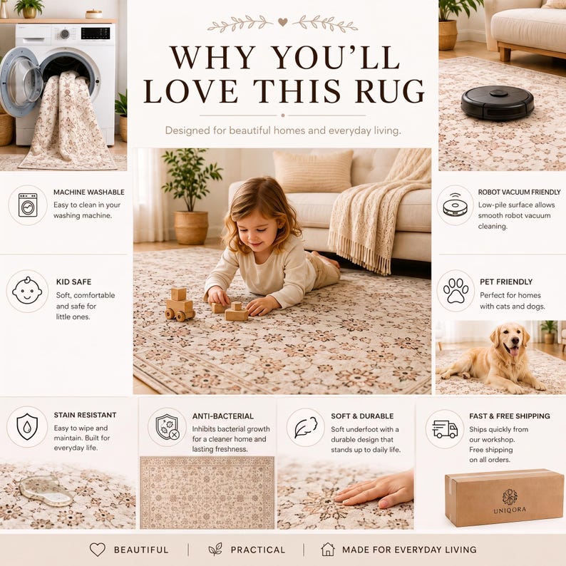May include: A beige area rug with a repeating floral pattern, shown in various settings including a washing machine, under a robot vacuum, and in a living room with a child and a dog. The text reads WHY YOU'LL LOVE THIS RUG.