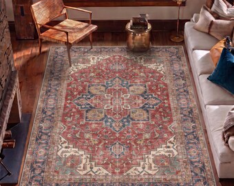 May include: A rectangular area rug featuring a central medallion pattern in shades of red, blue, and cream. The rug has a detailed border with intricate geometric and floral motifs, creating a symmetrical design across the entire surface.