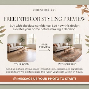 May include: A promotional graphic for Orient Rug Co. featuring the text FREE INTERIOR STYLING PREVIEW. It shows a before and after comparison of a living room with and without a rug, with instructions to send a photo via Etsy Messages.