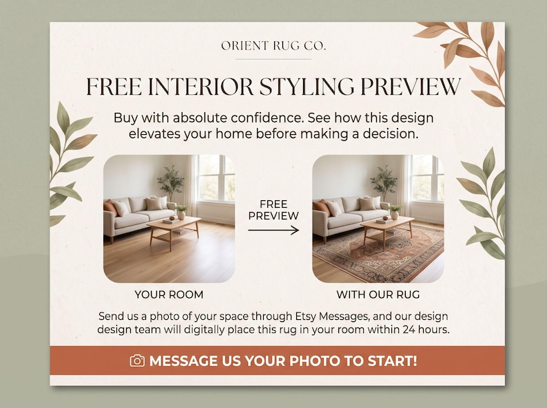 May include: A promotional graphic for Orient Rug Co. featuring the text FREE INTERIOR STYLING PREVIEW. It shows a before and after comparison of a living room with and without a rug, with instructions to send a photo via Etsy Messages.