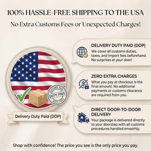 May include: An informational graphic featuring the United States flag inside a circular frame, a brown cardboard box icon, and a green checkmark. Text includes 100% HASSLE-FREE SHIPPING TO THE USA, DELIVERY DUTY PAID (DDP), and ZERO EXTRA CHARGES.