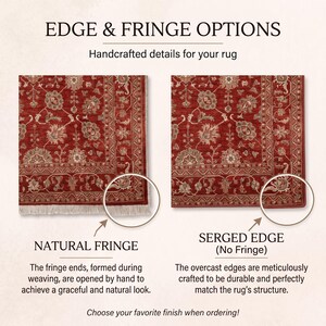 May include: EDGE & FRINGE OPTIONS. Handcrafted details for your rug. Two rug samples with red floral patterns are shown. The left sample features NATURAL FRINGE with visible white threads. The right sample shows a SERGED EDGE (No Fringe).