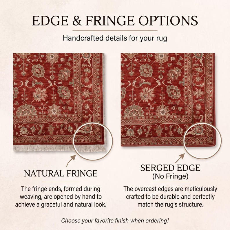 May include: EDGE & FRINGE OPTIONS. Handcrafted details for your rug. Two rug samples with red floral patterns are shown. The left sample features NATURAL FRINGE with visible white threads. The right sample shows a SERGED EDGE (No Fringe).