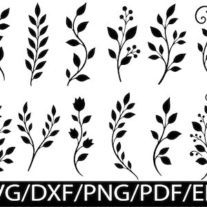 Peut inclure: Une collection de douze illustrations botaniques en silhouette noire présentant divers motifs de feuilles, tiges et petites baies disposées sur deux rangées, avec le texte SVG/DXF/PNG/PDF/EPS affiché en blanc au bas de l'image.