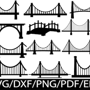 Op de afbeelding: Een verzameling van twaalf zwarte silhoueticonen die verschillende brugontwerpen weergeven, waaronder hang- en boogconstructies. Onderaan de afbeelding staat de witte tekst SVG/DXF/PNG/PDF/EPS op een zwarte achtergrond voor bestandsformaten.
