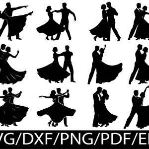 Pode incluir: Uma coleção de doze silhuetas pretas retratando casais em várias poses de dança de salão, incluindo valsas e giros, com vestidos fluidos e trajes formais. O texto SVG/DXF/PNG/PDF/EPS é exibido na parte inferior.