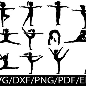 Pode incluir: Uma coleção de doze silhuetas pretas representando figuras em várias poses de ginástica e dança, incluindo paradas de mão, espacates e pontes. A parte inferior da imagem apresenta o texto SVG/DXF/PNG/PDF/EPS em uma fonte branca e negrito.