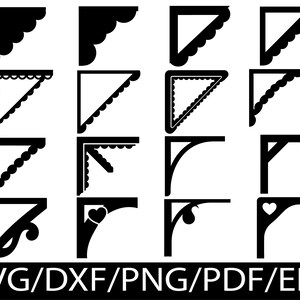 Puede incluir: Una colección de dieciséis elementos de diseño de esquina negros dispuestos en una cuadrícula. Las formas incluyen varios bordes festoneados, líneas geométricas y recortes decorativos con motivos de corazones y espirales. El texto SVG/DXF/PNG/PDF/EPS está abajo.
