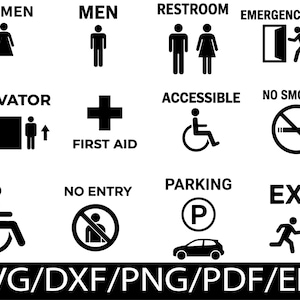 Może przedstawiać: Kolekcja czarno-białych ikon oznakowania zawierająca etykiety Women, Men, Restroom, Emergency Exit, Elevator, First Aid, Accessible, No Smoking, No Entry, Parking oraz Exit, wraz z formatami plików SVG, DXF, PNG, PDF i EPS na dole.
