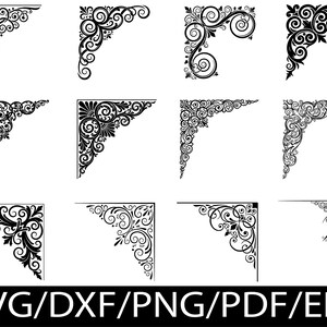 Puede incluir: Una colección de doce elementos decorativos de esquina en negro con intrincados remolinos, motivos florales y patrones de filigrana dispuestos en una cuadrícula. La parte inferior muestra el texto SVG/DXF/PNG/PDF/EPS en letras mayúsculas blancas.