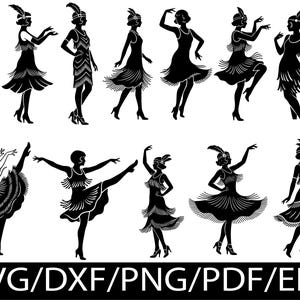 May include: A collection of twelve black silhouettes depicting figures in fringed dresses and feathered headbands in various dancing poses, with the text SVG/DXF/PNG/PDF/EPS displayed in white at the bottom of the image.