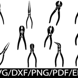 May include: A collection of twelve black silhouette icons of various hand tools including needle-nose, linesman, and slip-joint pliers arranged in a grid. The text SVG/DXF/PNG/PDF/EPS is displayed in white capital letters at the bottom of the image.