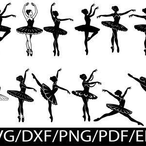 Puede incluir: Una colección de doce siluetas en blanco y negro de bailarines de ballet en varias poses, cada uno con un tutú y zapatillas de punta. La parte inferior de la imagen presenta el texto SVG/DXF/PNG/PDF/EPS en una fuente blanca, negrita y sin remates.