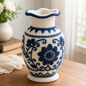 Op de afbeelding: Een decoratieve vaas gemaakt van crèmekleurig garen met ingewikkelde donkerblauwe bloemen- en rankenpatronen. De vaas heeft een brede, gegolfde rand en een stevige voet, met gedetailleerd haakwerk en een opvallende blauwe randafwerking.