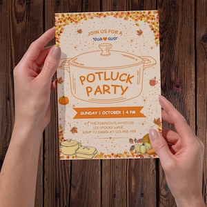 May include: A rectangular invitation card featuring a central illustration of a cooking pot with the text "JOIN US FOR A POTLUCK PARTY". The design includes autumn leaves, pumpkins, and details for Sunday, October at 4 PM at The Pimpkin Playhouse.