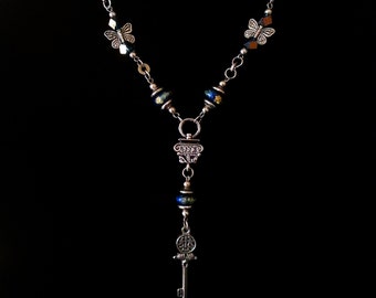 Silvertone Y necklace with Butterflies & Cloisonee style beads