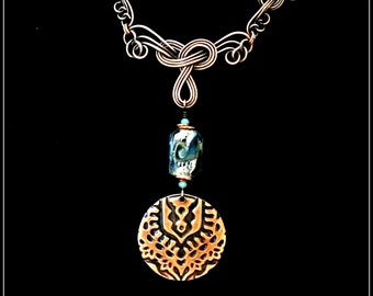 Copper Wirewrapped & Embossed Pendant With Lampwork Bead