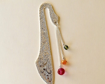 Silvertone Engraved Bookmark With Pink, Orange, & Green Crystal Beads