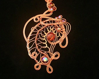 Copper Necklace With Vintage  Red Merlot Colored Glass Beads & Swarovski Crystal Beads