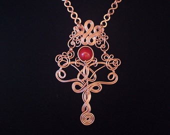 Copper Wire Wrapped Necklace with Vintage Maroon Glass Beads