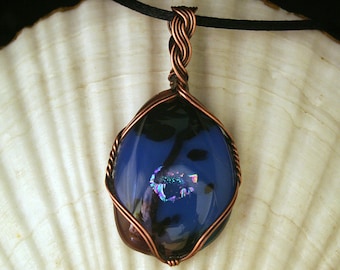 Copper wire wrapped Art Glass Pendant with blue, black, and iridescent dichroic glass