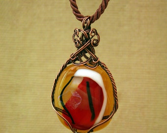 Copper wire wrapped Art Glass Pendant With Amber, Red, White, Black & Metallic Dichroic Glass