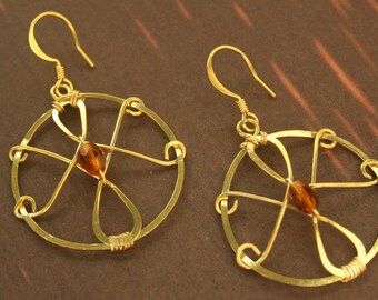 Brass wire-wrapped earrings with amber faceted bead
