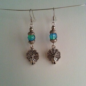 Silver Peacock Drop Earrings with Blue-Green Chinese Crystals