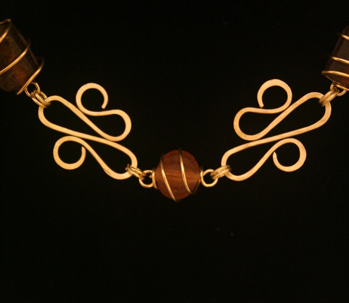 Brass Wire Wrapped Hammered Necklace With Brown & Amber Colored Beads