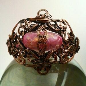Wire Wrapped Copper Bracelet With Handmade Pink Dichroic Glass Bead