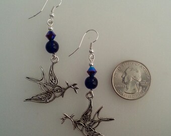 Silver Bird & Branch Earrings With Cobalt Blue Glass Beads