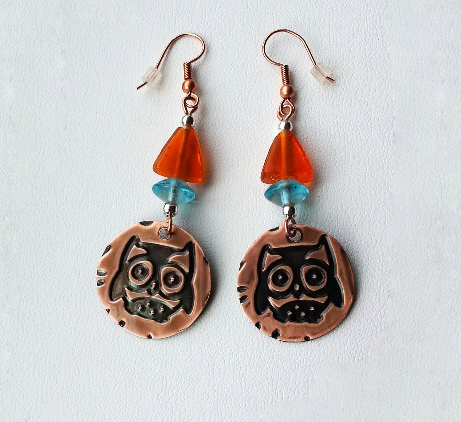Copper Owl Drop Earrings, Turquoise & Orange Beads,Embossed Copper